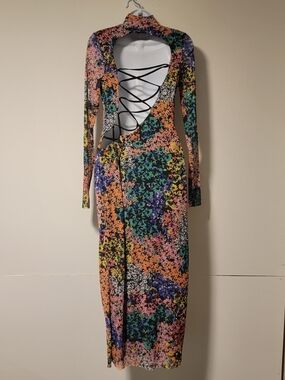 Floral Multicolor Lace-Back Long Sleeve Dress